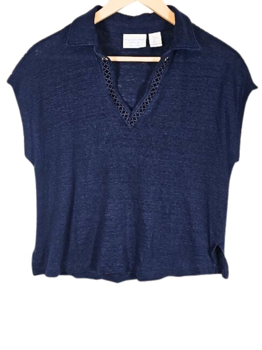 Calypso St. Barth 100% Linen Knit Polo Top Sz L Navy Lattice Trim V-Neck Coastal